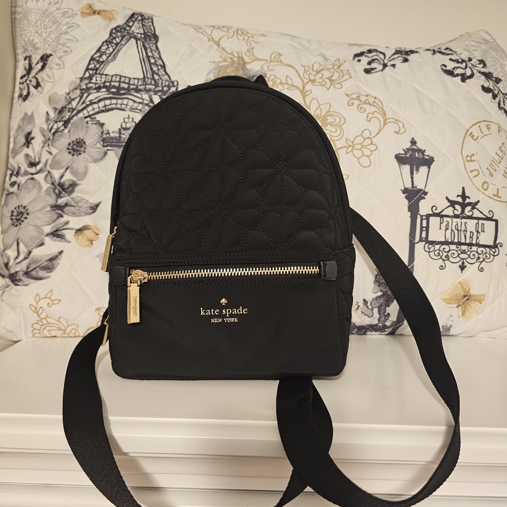 Kate Spade Black Quilted Backpack with Gold Details